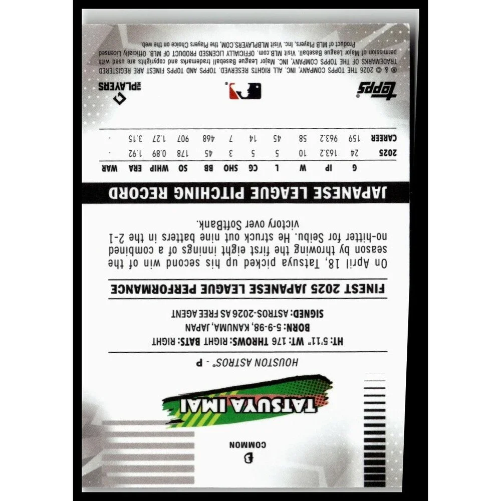 2026 Finest Tatsuya Imai Common Base Rookie RC Astros